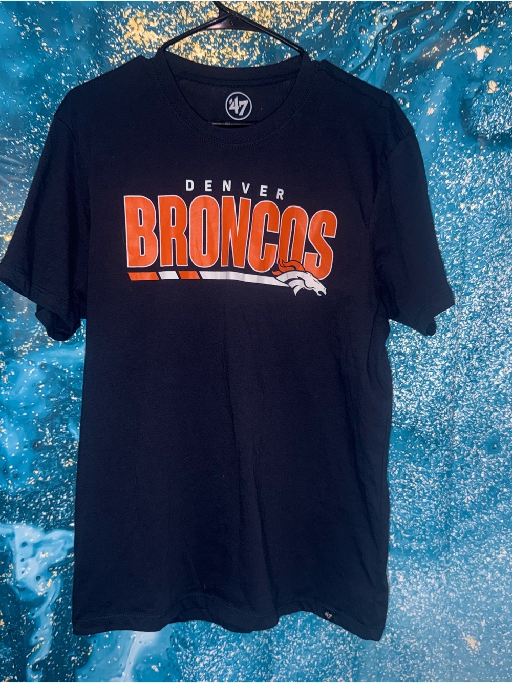'47 Denver Broncos Black Short-Sleeve Tee with Orange & White Logo